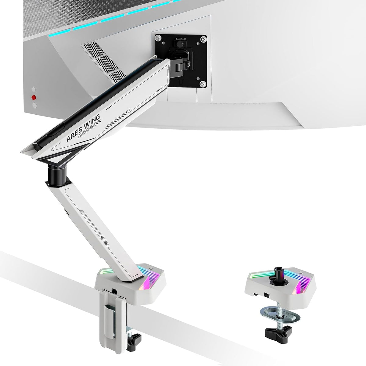 ARES WING RGB Single Monitor Arm Desk Mount for 17-45 inches Flat and Curved Monitors, Holds 35.2 lbs Heavy Duty, Adjustable Ultrawide Monitor Arm with Clamp & Grommet Base, 75/100 VESA Mount, White