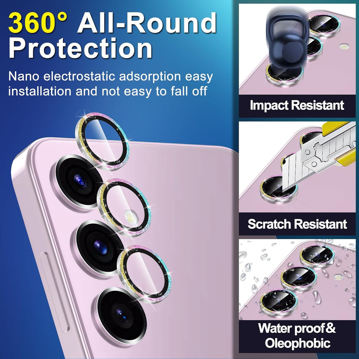 for Samsung Galaxy S23/S23 Plus Camera Lens Protector, Individual Metal Ring Tempered Glass Lens Cover, [Strong Adsorption] Scratch Resistant Ultra-Thin HD Clear Lens Cover, 1 Set-Colorful