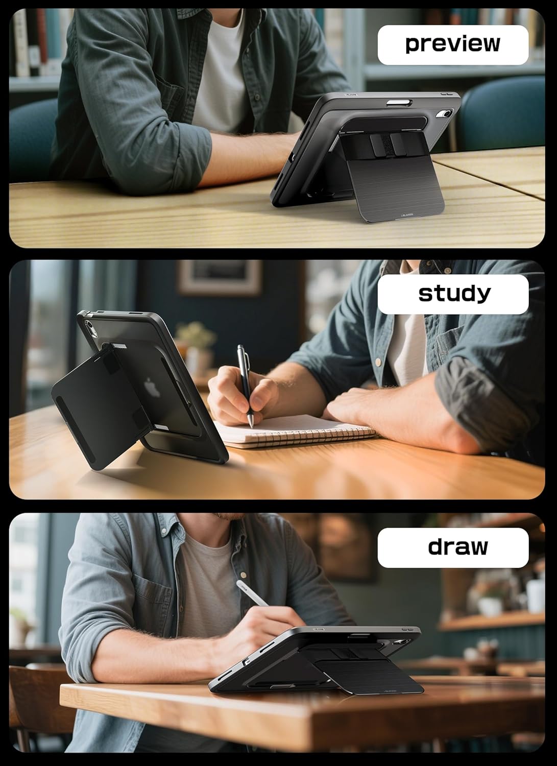 i-Blason Grip for iPad A16 11th Generation Case 11'' 2025/ iPad 10th Generation Case [Hand Strap] [Screen Protector] [Metal Stand & Pencil Holder] Full-Body Rugged Bumper Protective Cover (Black)