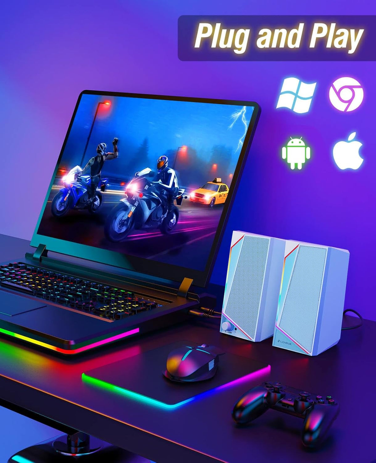 LENRUE Computer Speakers, USB/USB-C Powered PC Speakers with Loud Stereo Sound, Headphone-in for Desktop, Laptop, Monitor