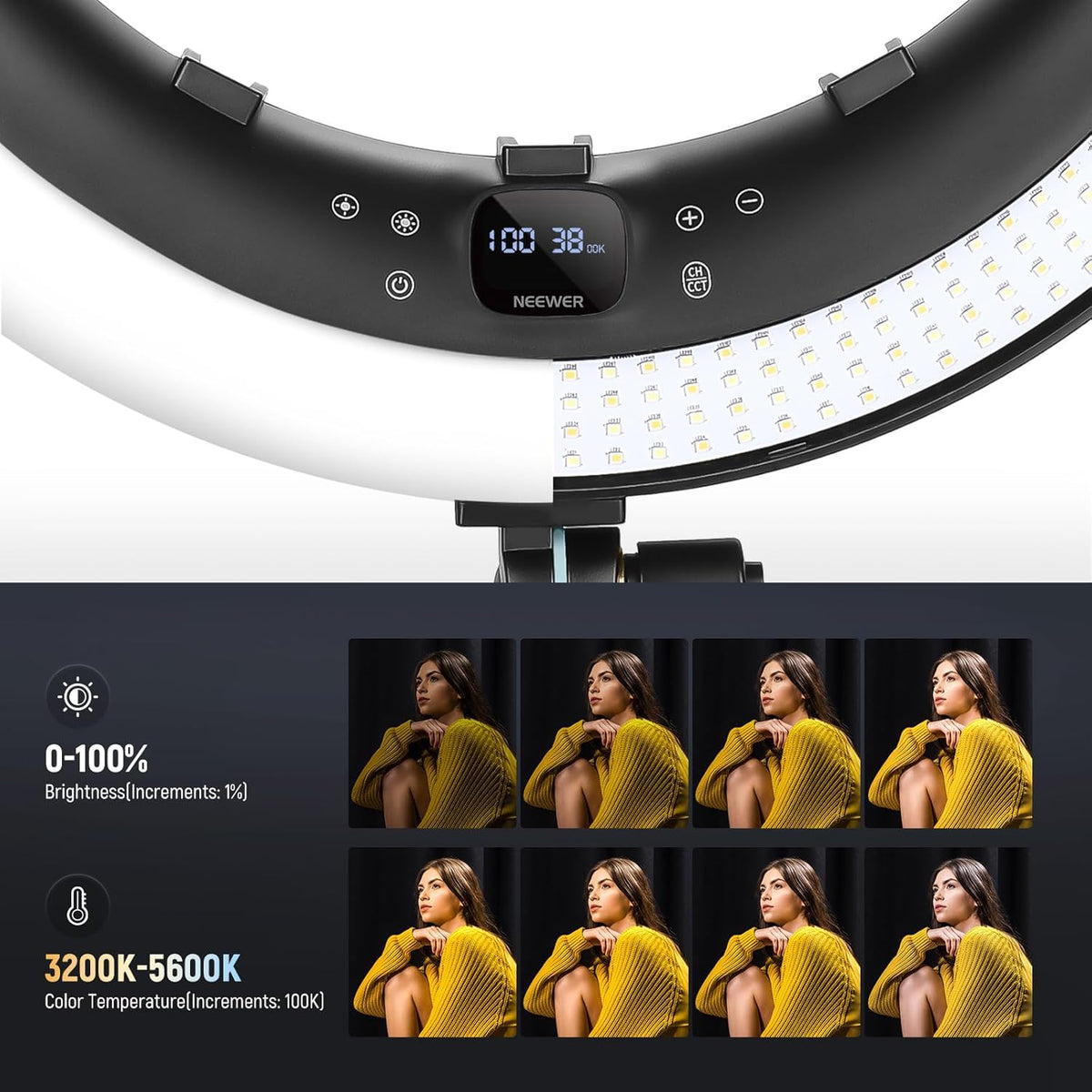 NEEWER RP19H 19" Ring Light with Tripod Stand/3 Phone Holders/Cleaning Cloth Compatible with iPhone, 2.4G Touch Control LED Ringlight for Video Recording Studio Streaming Zoom Selfie Makeup Lighting