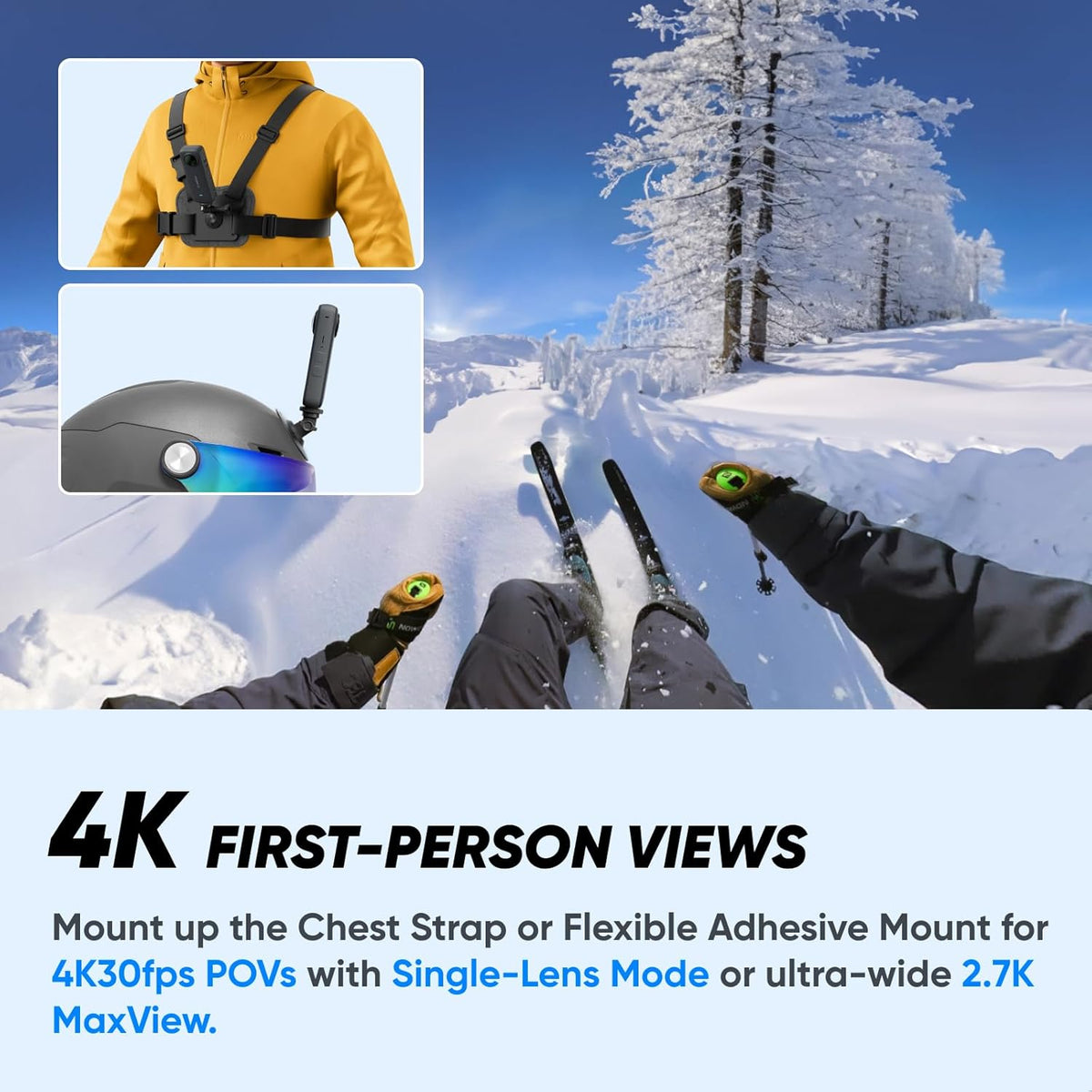 Insta360 X3 Snow Kit (New Version) - 360 Action Camera with 5.7K 360 Active HDR Video, 4K Single-Lens Camera, Waterproof, FlowState Stabilization, 2.29" Touchscreen, AI Editing, Wintersports