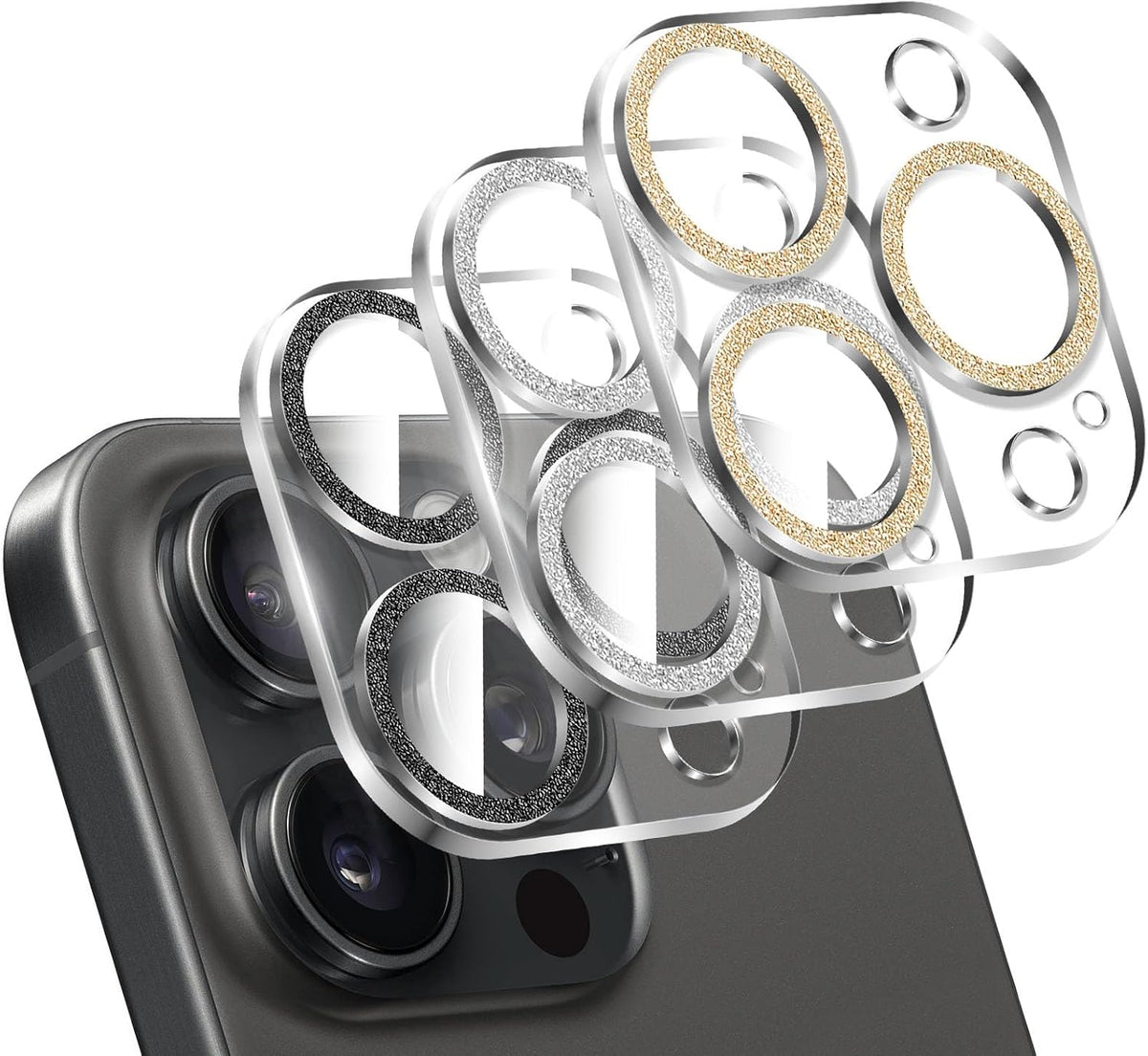 LucBuy 3PCS Sparkling Camera Lens Protector for iPhone 15 Pro/iPhone15 Pro Max, Full Clear Acrylic Cover with Shiny Colorful Glitter Designed Decoration Back Camera Protector