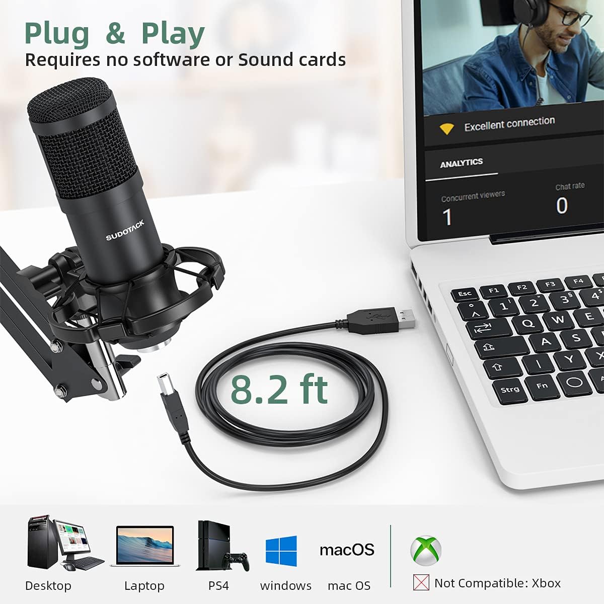 SUDOTACK USB Condenser Podcast Microphone for PC: Studio Microphone Kit with 192KHz/24bit Professional Sound Chipset Cardioid for Recording, Streaming, Gaming, Voice-Over, YouTube, Skype, Twitch