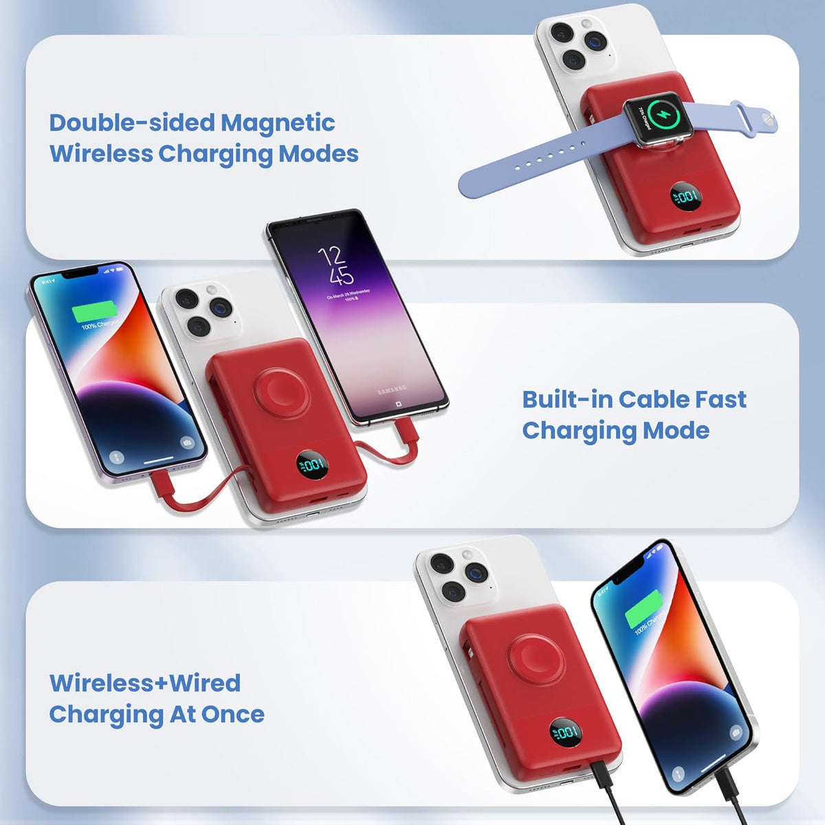 Magnetic Portable Charger for iPhone with Built-in Cables, 6-in-1 10800mAh Power Bank with iWatch Charger & LCD Display,25W Fast Charging Battery Pack for iPhone 16/15/14/13/12,Apple Watch (Red)
