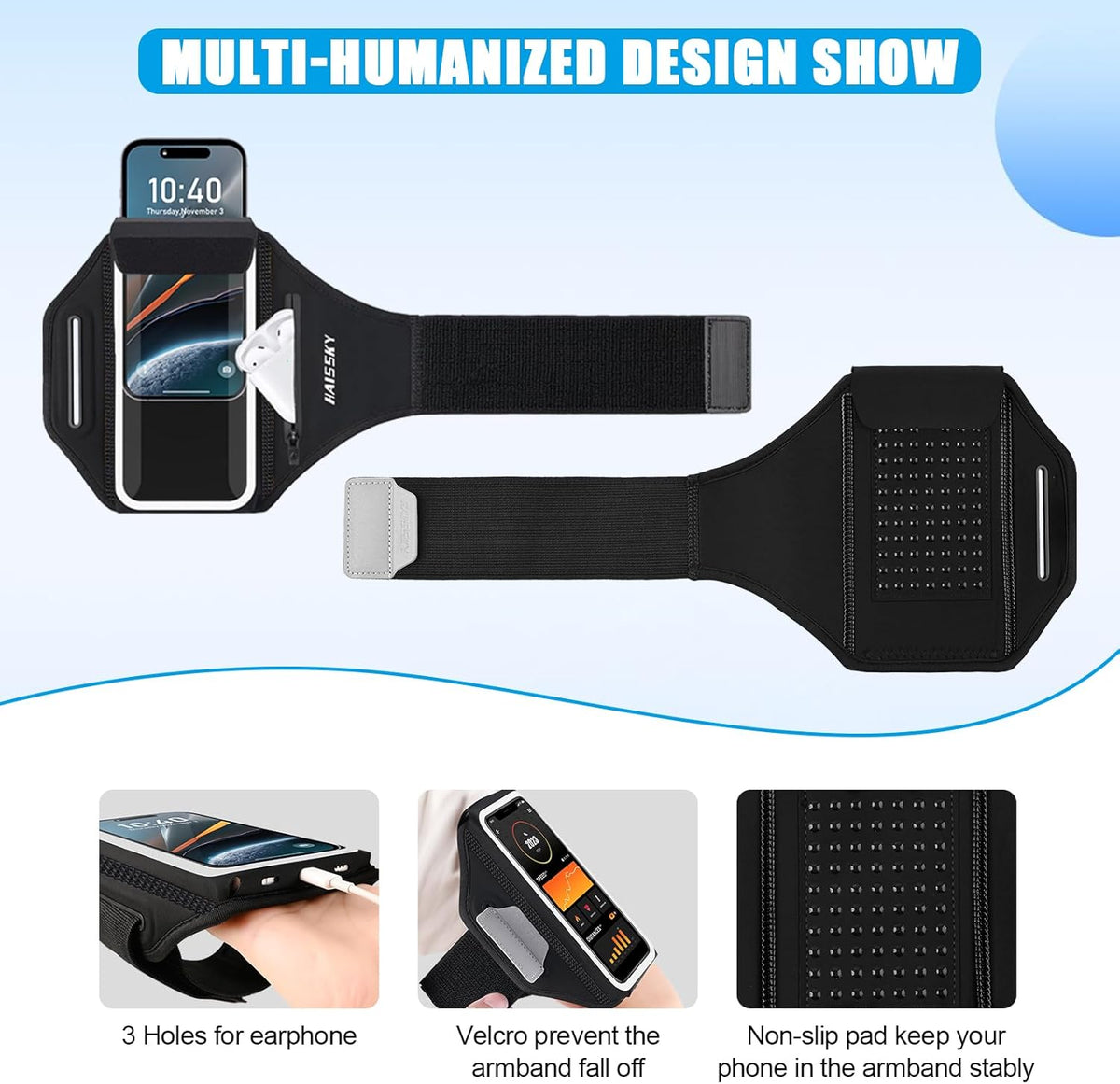 Running Phone Armband with Earphone Holder - 3D Design Cell Phone Armband for iPhone 15/14/13 Pro/Plus & Galaxy S20/S10, Water Resistant Sports Phone Holder with Key Slot for 6.9" Device