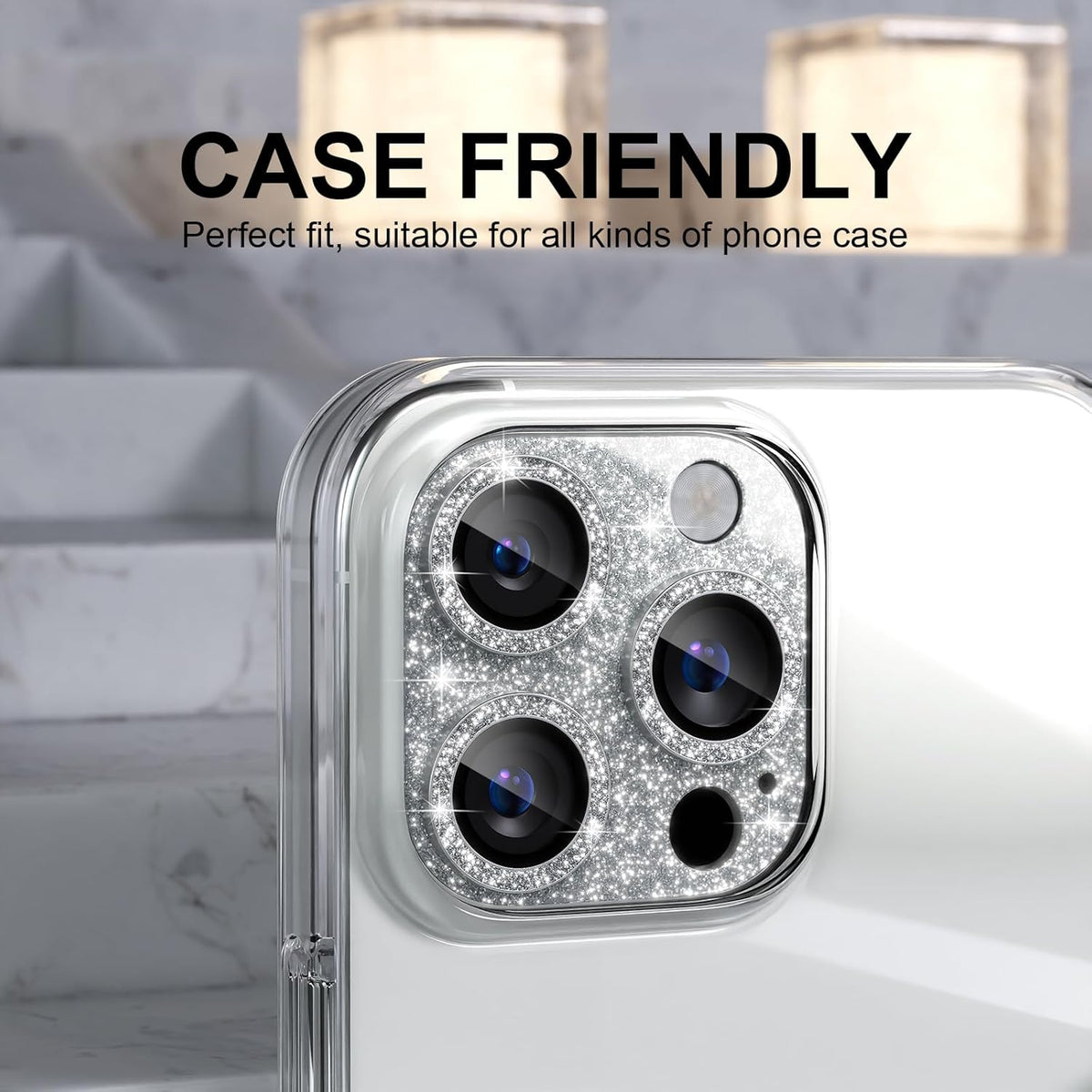 Choiche Compatible for iPhone 16 Pro/iPhone 16 Pro Max Camera Lens Protector, Bling Camera Cover with 9H Tempered Glass Lens Screen Protector Metal Ring Decoration Accessories (Glitter-Silver)