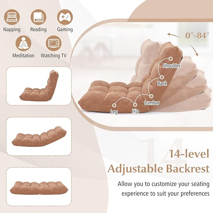 BETTARY Floor Chair with Back Support 14-Position Adjustable Lazy Floor Sofa with Memory Foam Padding Couch Recliner for Adults Folding Sleep Bed for Reading Meditating Gaming (Brown)