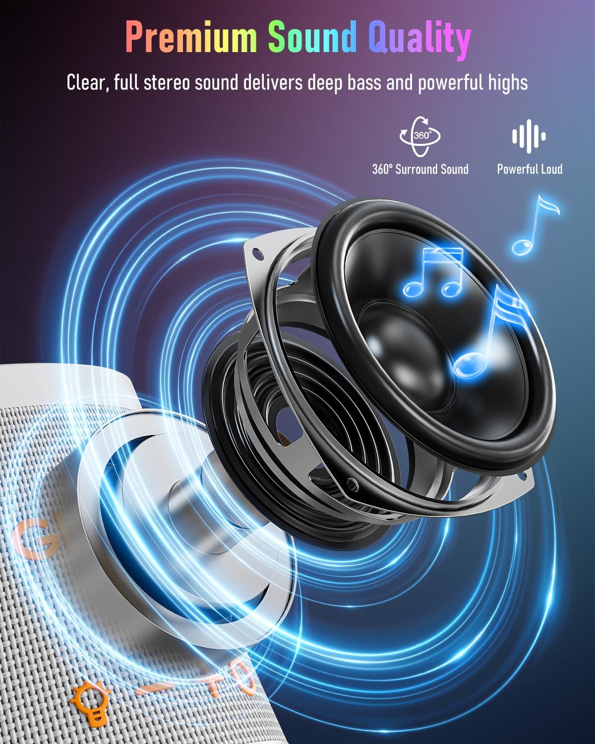 Portable Bluetooth Speaker Wireless with 9 Color Lights, 20H Playtime, Stereo Pairing, Deep Bass, IPX6 Waterproof, Bluetooth 5.3, Small Speaker for Home, Party, Outdoor, Camping, Beach, Gift