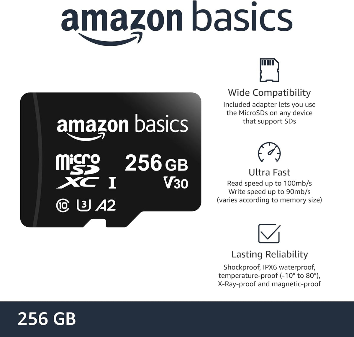 Amazon Basics Micro SDXC Memory Card with Full Size Adapter, A2, U3, Read Speed up to 100 MB/s, 256 GB, Black