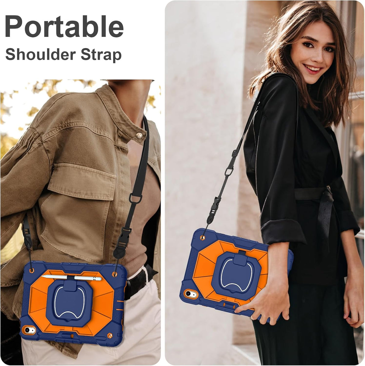 Case for iPad (A16) 11th Generation 11 Inch (2025) / iPad 10th Generation Case 10.9 Inch (2022) with 360° Rotating Stand Screen Protector Pen Holder Shoulder Strap, Navy Orange