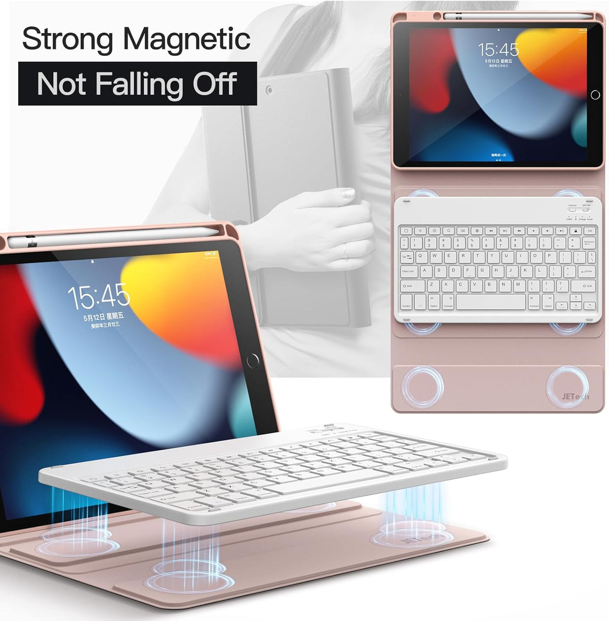 JETech Keyboard Case for iPad 10.2-Inch (2021/2020/2019 Model, 9th/8th/7th Generation) with Pencil Holder, Magnetic Detachable Bluetooth Wireless Keyboard, Soft TPU Back Stand Cover (Rose Gold)