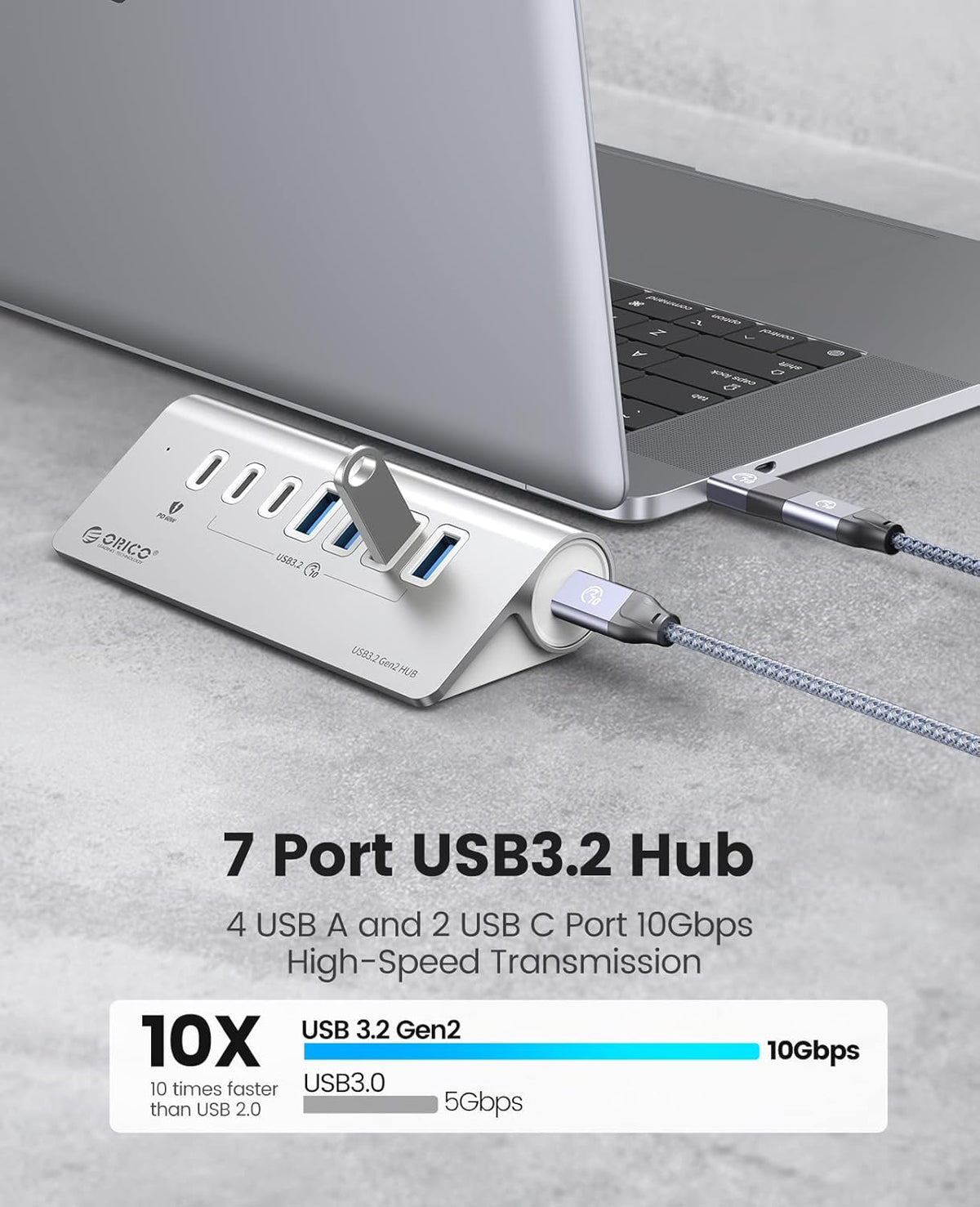 ORICO 7 Port USB Hub 10Gbps, Aluminum USB 3.2 Gen 2 Hub, 6 USB 3.2 Data Ports, PD 60W Ports, 1.64Ft C to C Cable, USB Data Hub for Laptop