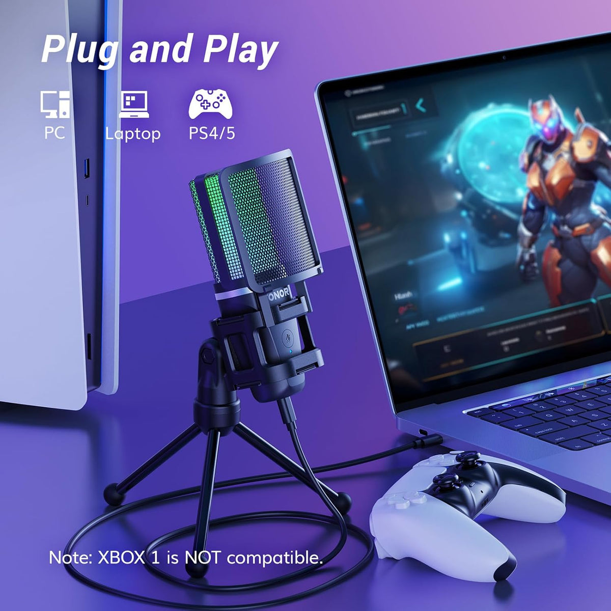 TONOR Gaming USB Microphone for PC, RGB Condenser Computer Mic with Tripod Stand, Quick Mute, Gain Control, for Gaming, Streaming, Podcasting, Recording, Cardioid Mic Kit for Laptop/PS4/PS5 TC777 Pro