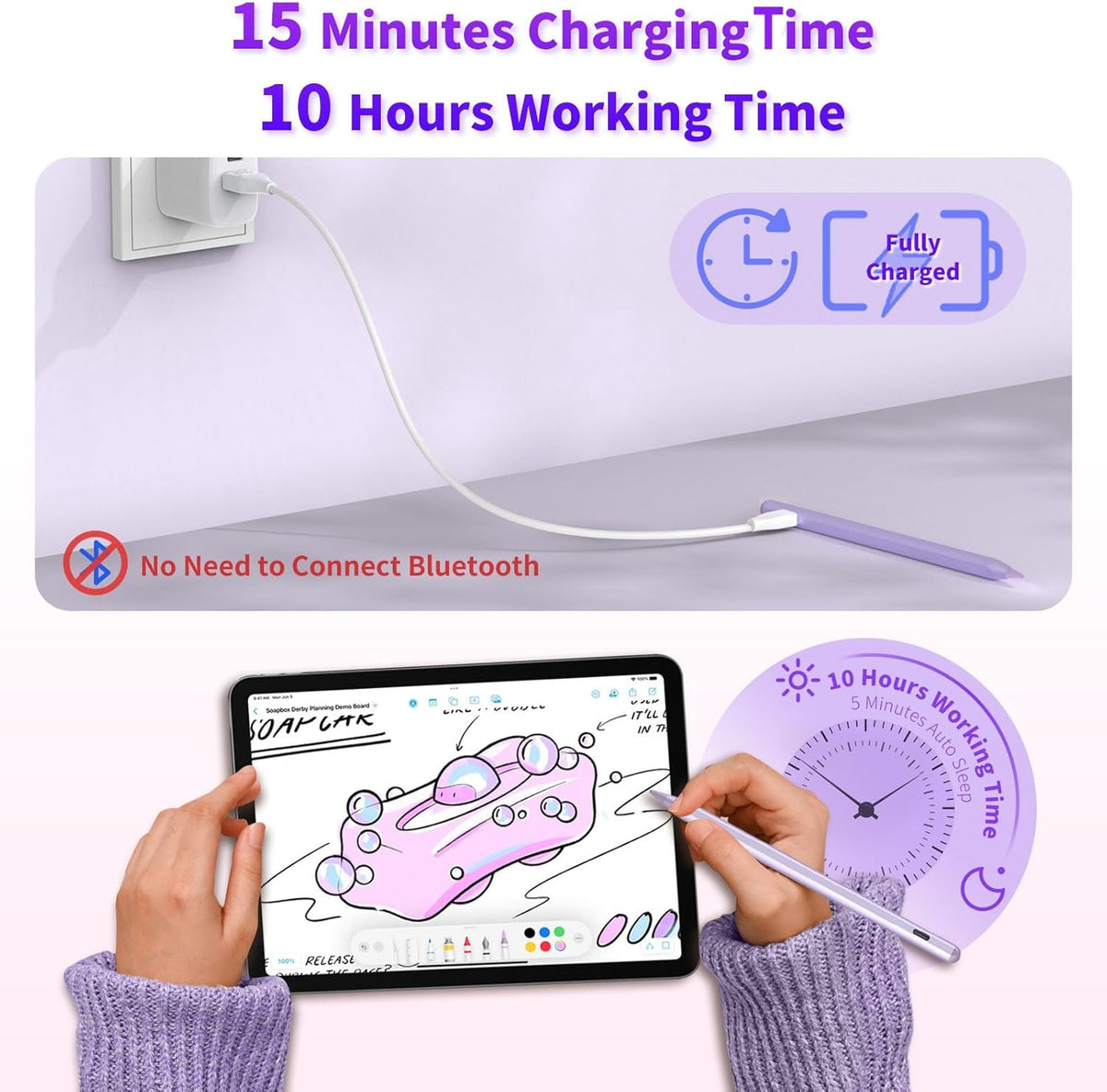 Stylus Pen for iOS&Android Touch Screens, Active Pencil for Samsung, Smart Digital Stylus Pens for Lenovo/Huawei/Vivo/Mi and Other Tablets, iPhone/Google Pixel Smart Phones Drawing&Writing (Purple)