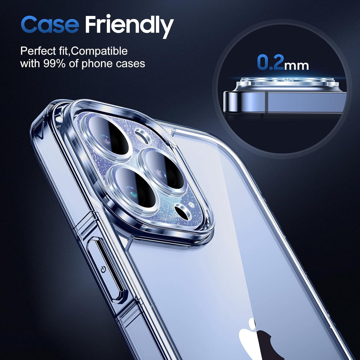UniqueMe 3 Packs Compatible for iPhone 13 Pro Max/iPhone 13 Pro Camera Lens Protector Acrylic [Not Glass],[Case Friendly][Scratch-Resistant][Night Shooting Mode]-Glitter Blue