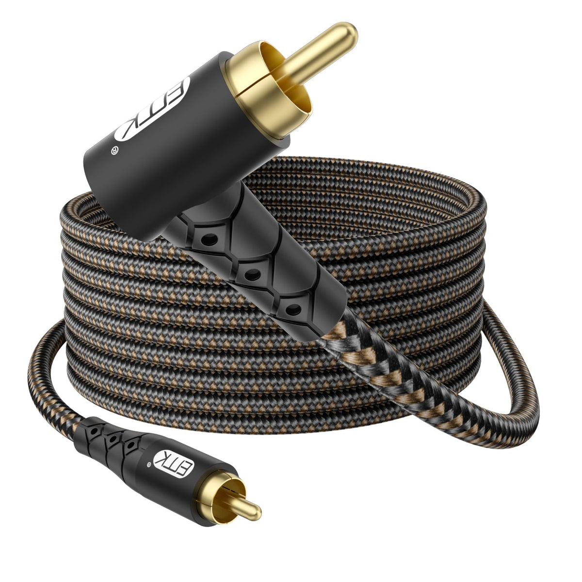 EMK 90 Degree RCA Subwoofer Cable 24K Gold-Plated Connector Nylon Braided Double Shielded – Support Digital & Analog Signals for Amplifier, Home Theater, Hi-Fi System,Subwoofer Black/15ft/5m