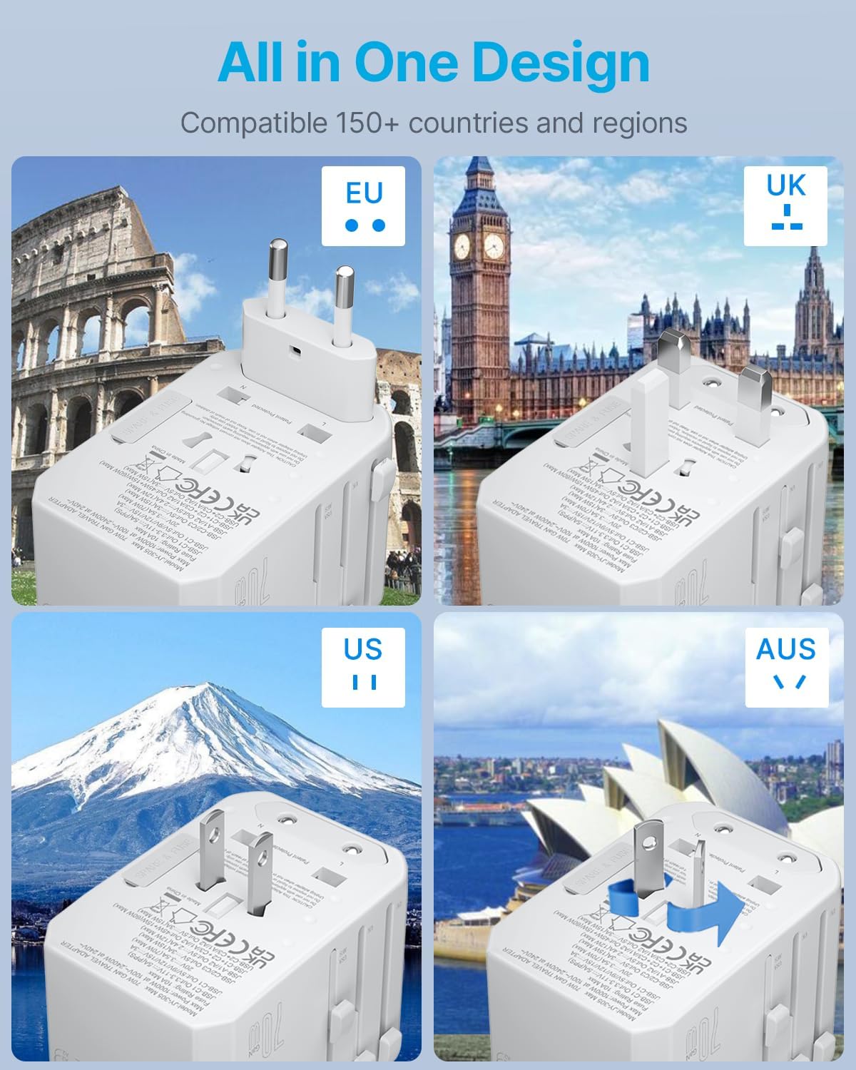 Universal Travel Adapter, VINTAR 70W GaN International Power Adapter with 5 USB Ports (3 USB-C), All-in-one Travel Essentials Plug Adaptor, Travel Adapter Worldwide for UK/EU/USA/AUS, White