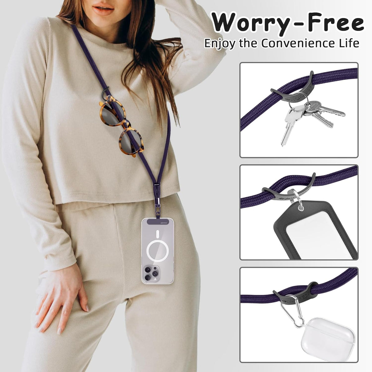 AULEEP Universal Phone Lanyard Corssbody, Anti-theft Phone Strap for Women and Men, Adjustable Cell Phone Neck Lanyard for all iPhone and Smartphone, with 2 Phone Tethers (Metal & Plastic), Purple