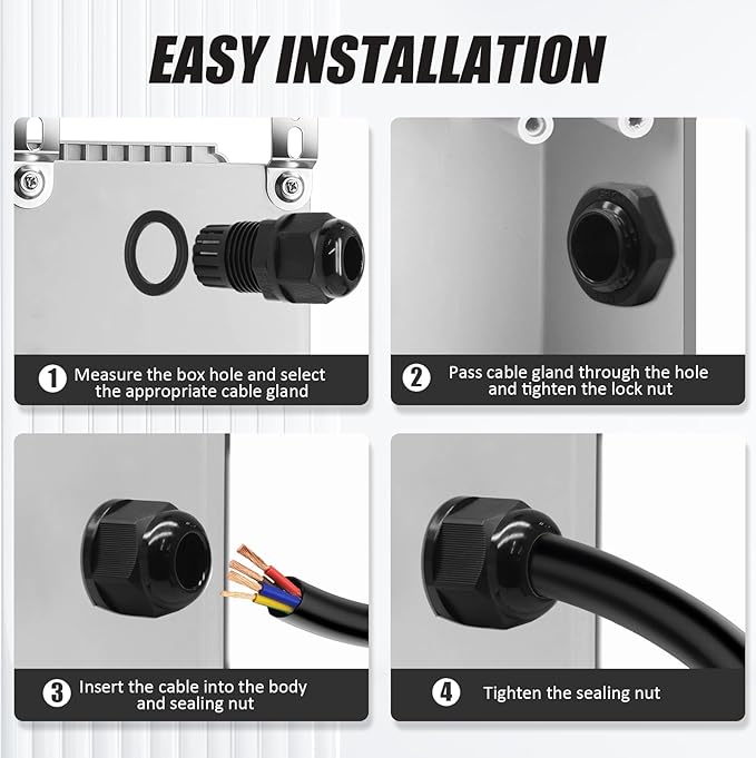 Kyuionty 12 Pcs 1/2" NPT Nylon Cable Glands, Black Strain Relief Cable Cord Connector IP68 Waterproof Junction Box Wire Protectors Adjustable for 6-12mm Cable Diameter