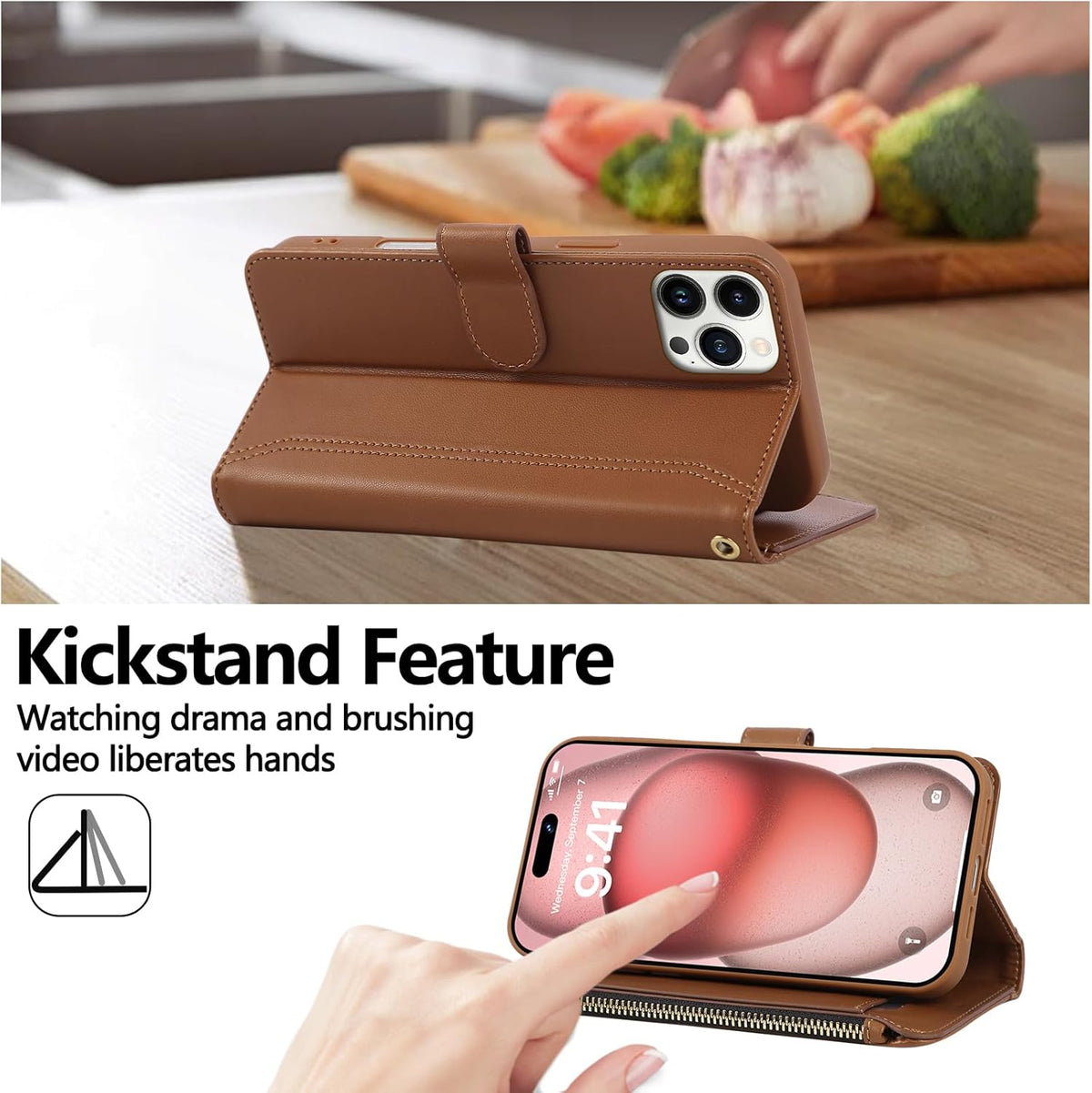 Compatible with iPhone 14 Pro Max Wallet Phone Case-PU Leather Magnetic Flip Cover with Credit Card Slots,Zipper Pocket & Detachable Wrist Strap,Shockproof Design,for Women and Men-Brown