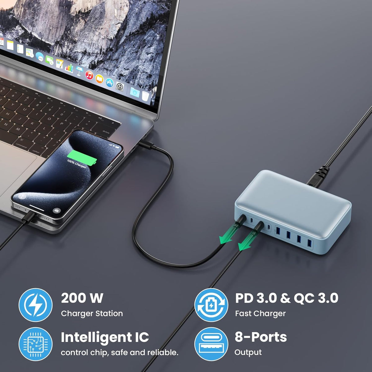 USB C Charger 200W USB C Charger Block,Upgraded GaN III 8-Port Fast Charging Station Hub,PD 65W Laptop Charging Adapter Compatible with MacBook Pro/Air,DELL,Steam Deck,iPhone 16/15/14,Galaxy S23/22