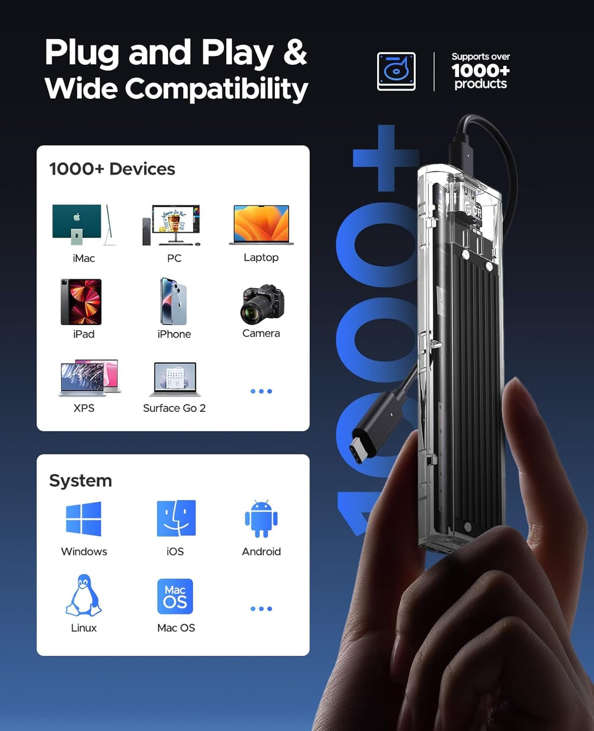 ORICO M.2 NVMe SSD Enclosure, USB 3.2 Gen 2 (10 Gbps), Transparent External Solid State Drive Adapter Enclosure for 2280 2260 2242 2230 PCI-E M2 M-Key SSD, USB Type C Converter Case-TCM2 Black