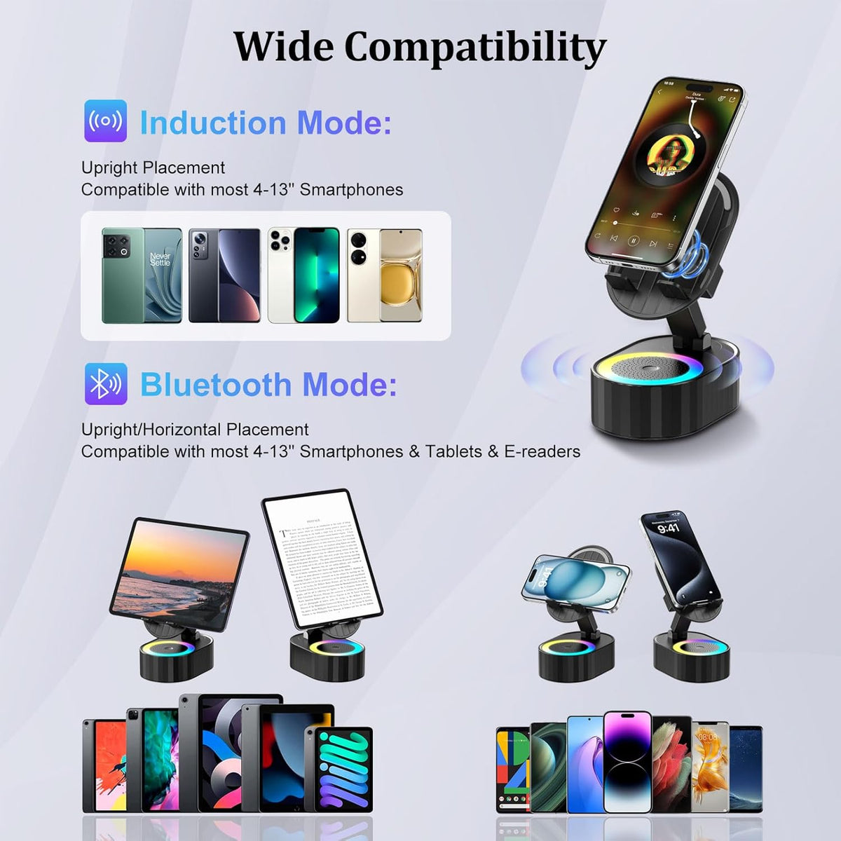 Wireless Induction Audio Bluetooth Speaker 5in1 Phone Holder Emergency Rechargeable (3000mAh) with Colorful Ambient Light 300° Foldable for Tablet iPhone Android, Gifts for Men Women (Black)