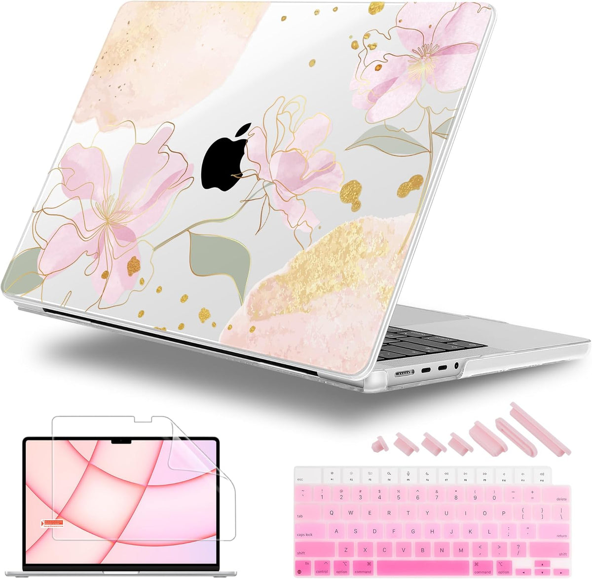 for MacBook Pro 16 inch Case 2021 2022 2023 2024 Release A3186 A3403 M4 A2991 M3 A2780 M2 A2485 M1 Pro/Max, Hard Shell Case with Screen Protector & Keyboard Cover, Gold Blossom Flowers