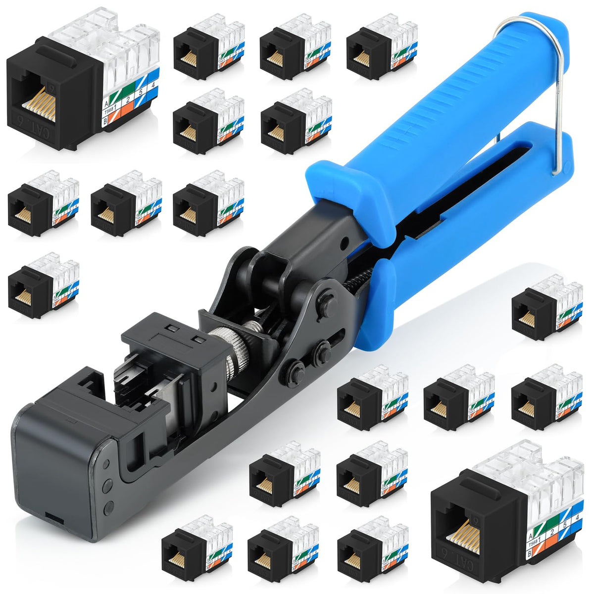 Everest easyJACK - 90° Angled Speed Termination Keystone Tool Set - with 20-Pack of RJ45 Cat6 Keystone Jacks in Black (Slim Profile Design) - Time Saver Network Punch Down Tool Cat6