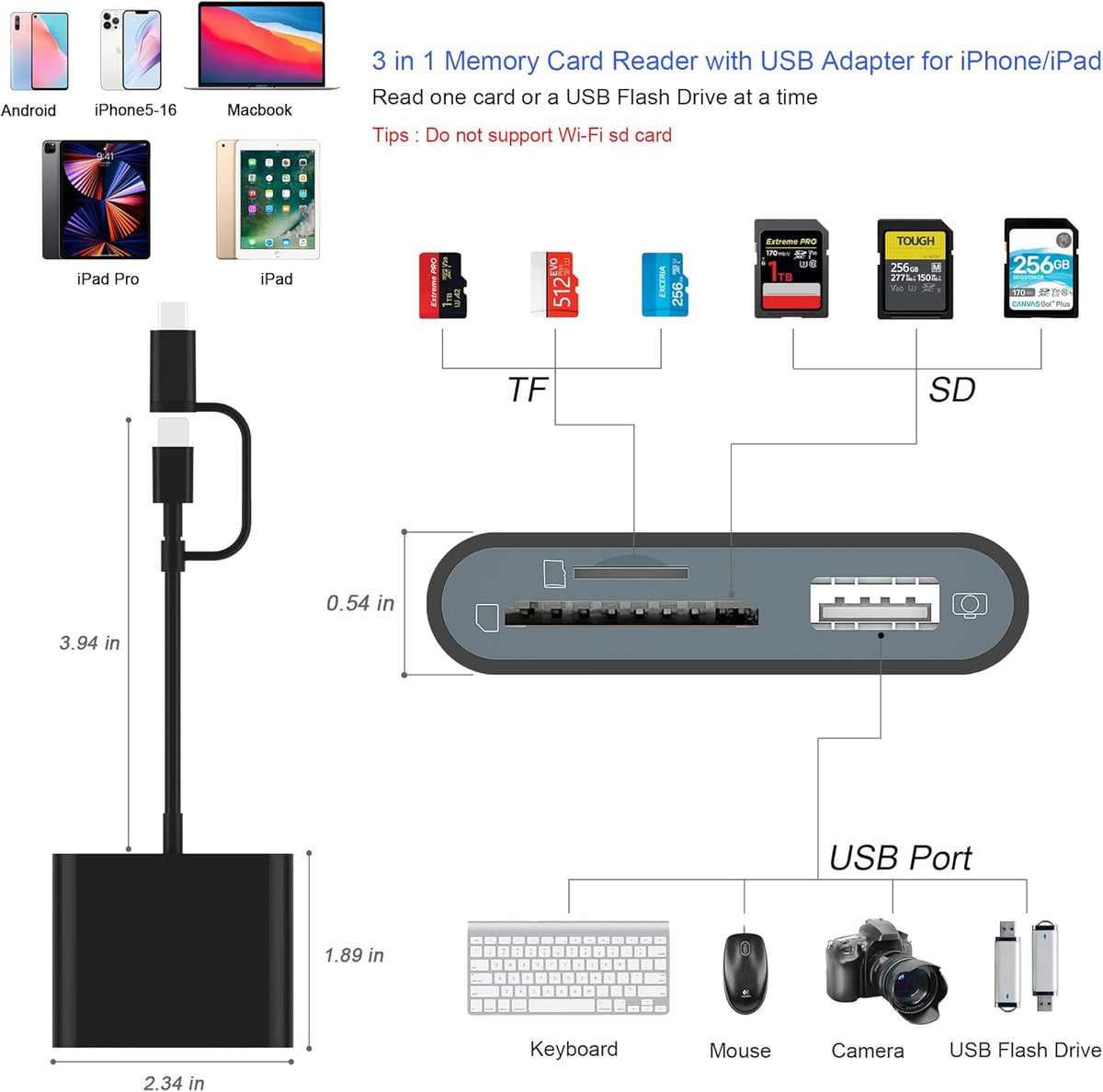 SD Card Reader for iPhone, Memory Card Reader with USB-C to Lightning Adapte Plug and Play Trail Game Camera Micro SD Card Viewer Support SD/TF Card and USB Adapter for iPad No App Required