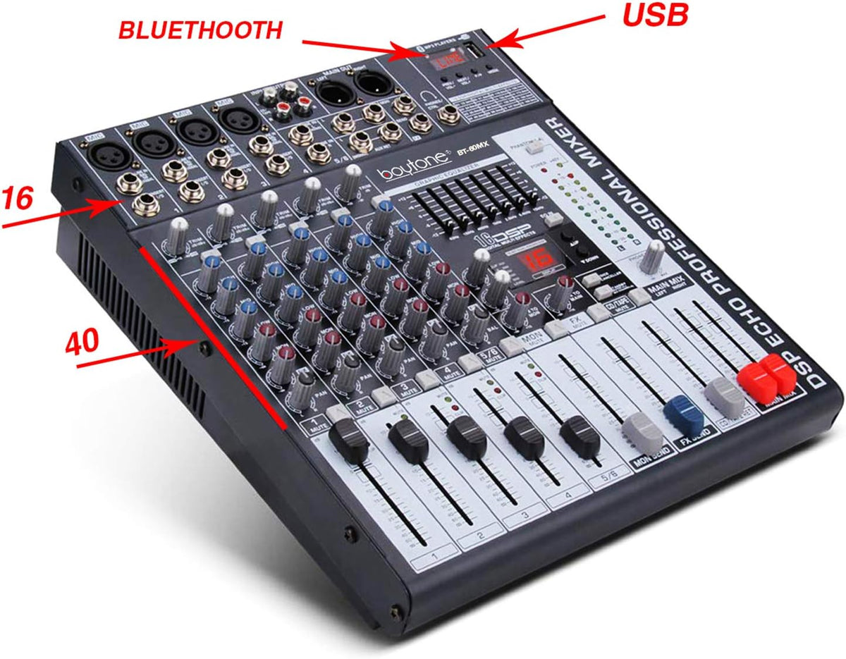 Boytone BT-60MX, 6 Channel Bluetooth Audio Mixer - DJ Sound Controller, USB MP3 Player, 4 XLR Microphone Jack, 7 Band EQ, 16 DSP Digital Multi Effects Processor, RCA IN-OUT Jack, 48V Phantom Power