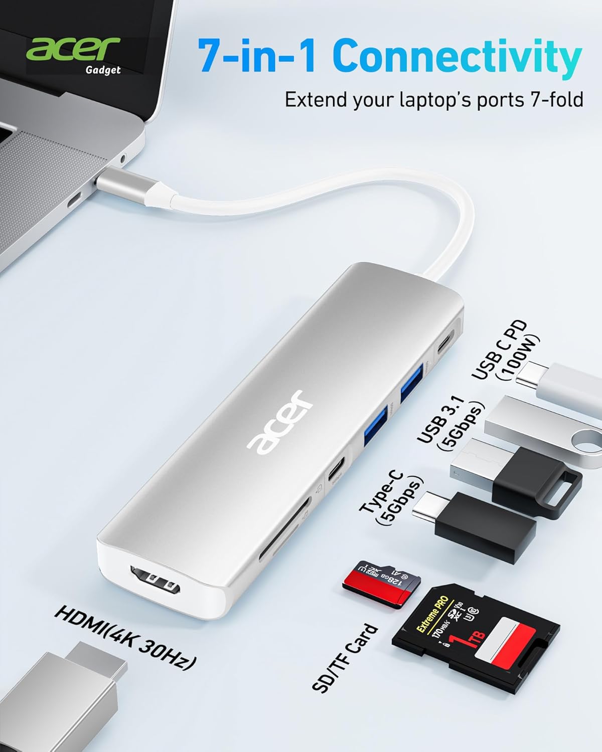 Acer USB C Dock, 7 in 1 USB C to HDMI Hub, 2 USB 3.1 GEN1 and 5Gbps Type-C Data Port, 4K HDMI Port, PD 100W Charging, SD Card Reader, for iPad Pro MacBook Pro Acer Laptops and More (Silver)
