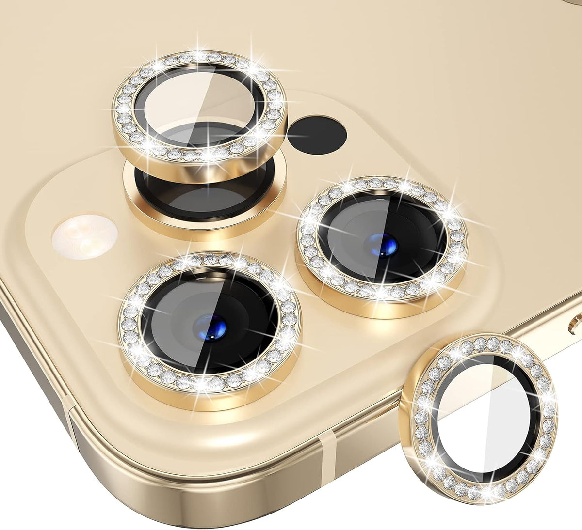 Choiche [3+1 for iPhone 13 Pro/iPhone 13 Pro Max Camera Lens Protector Bling, 9H Tempered Glass Camera Cover Screen Protector Metal Ring Decoration Accessories (Diamond-Gold)