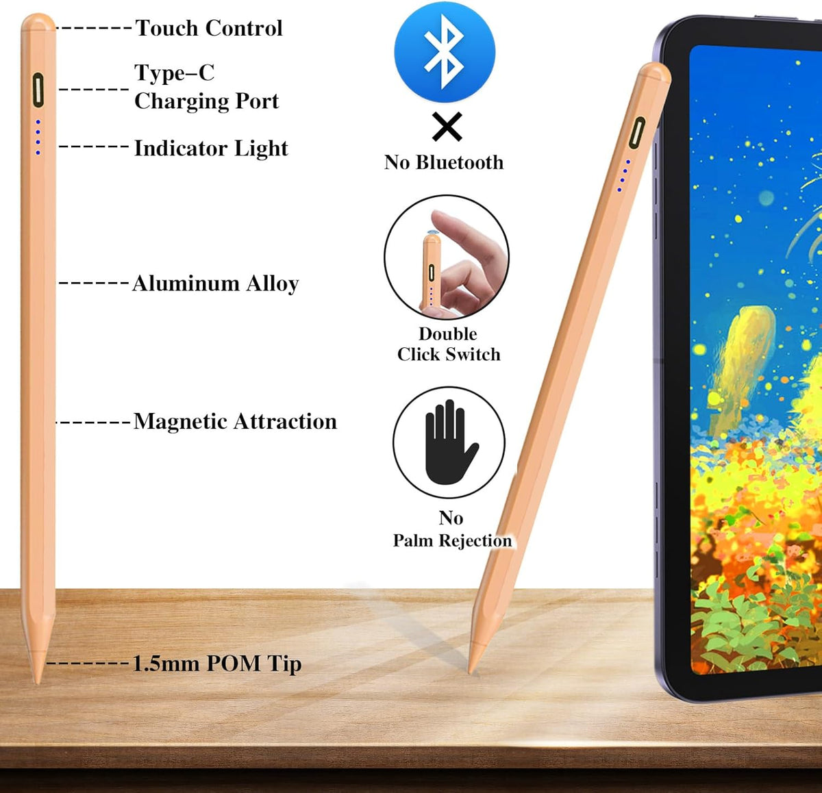 Stylus Pen for Touch Screen, Rechargeable Active Magnetic iPad Pencil UniversalTablet Pencil Stylus Pen for iPad/Pro/Air/Mini/iPhone Samsung/Android and Other Smartphone Devices-Orange