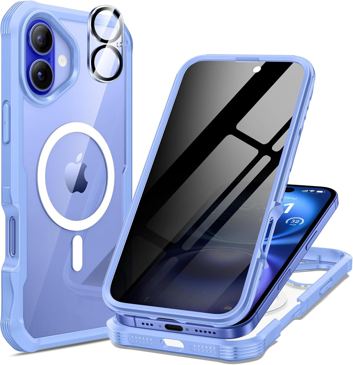 seacosmo for iPhone 16 Plus Case, Full Body Bumper with Built-in 9H Tempered Glass Privacy Screen Protector and Camera Lens Protector, Compatible with MagSafe, Shockproof Phone Cover, 6.7", Light Blue