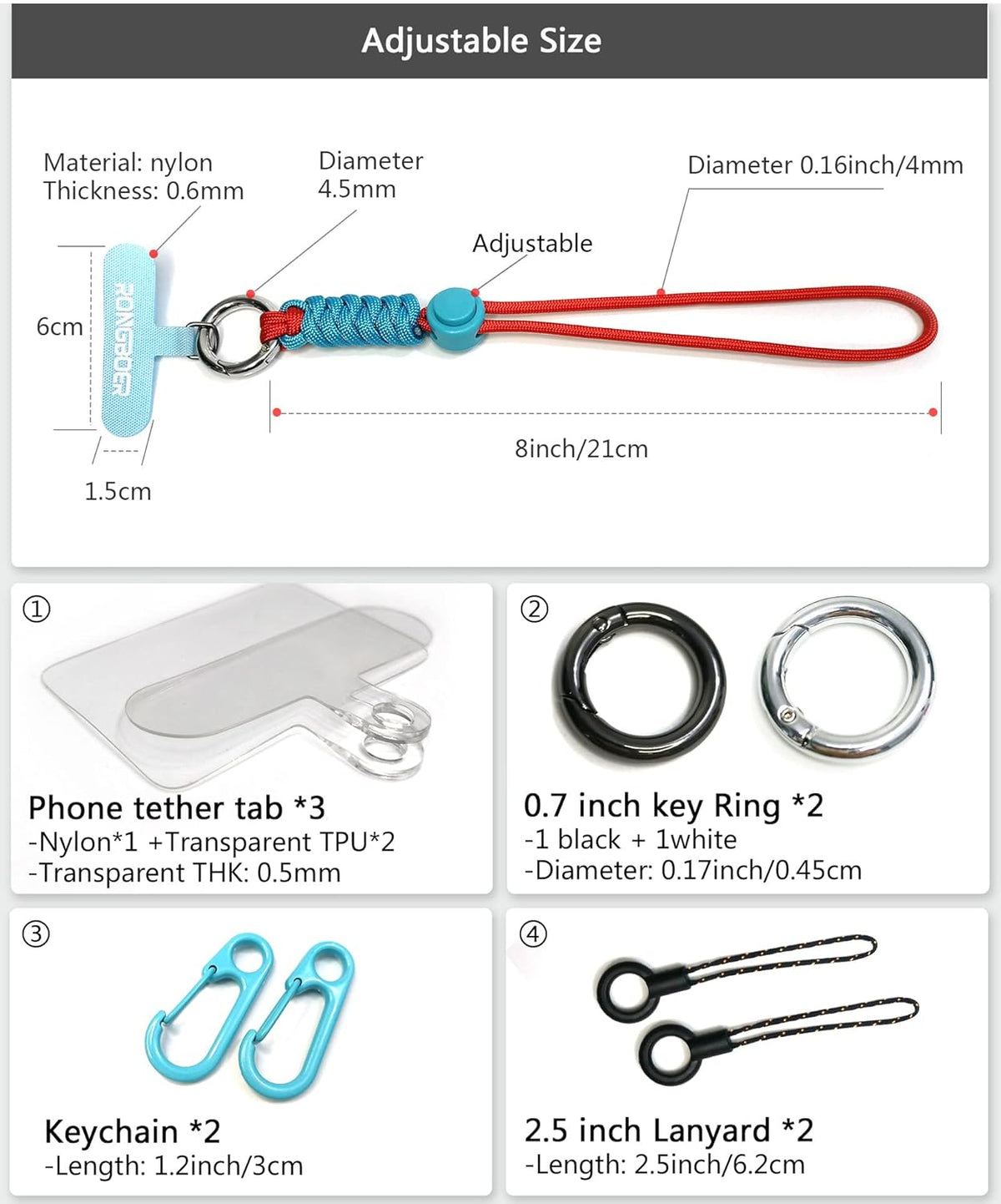 Cell Phone Lanyard Wrist Strap, Women's Phone Bracelet, Camera Wrist Lanyard, Short Wrist Lanyard for Keys, Keychain Lanyard, Lanyards for Keys (Blue Red)