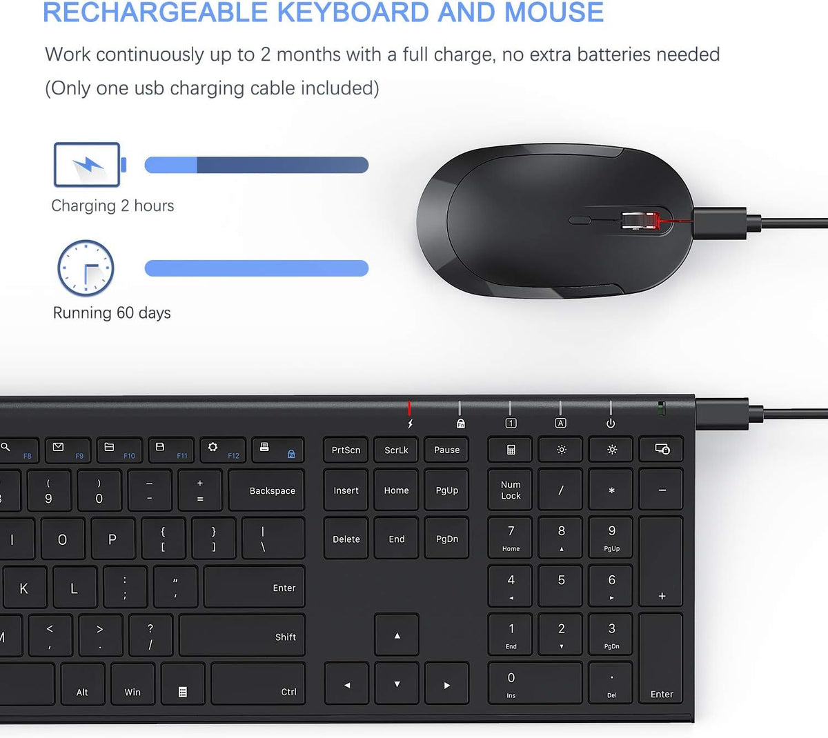 Wireless Keyboard and Mouse, Vssoplor 2.4GHz Rechargeable Compact Quiet Full-Size Keyboard and Mouse Combo with Nano USB Receiver for Windows, Laptop, PC, Notebook-Black