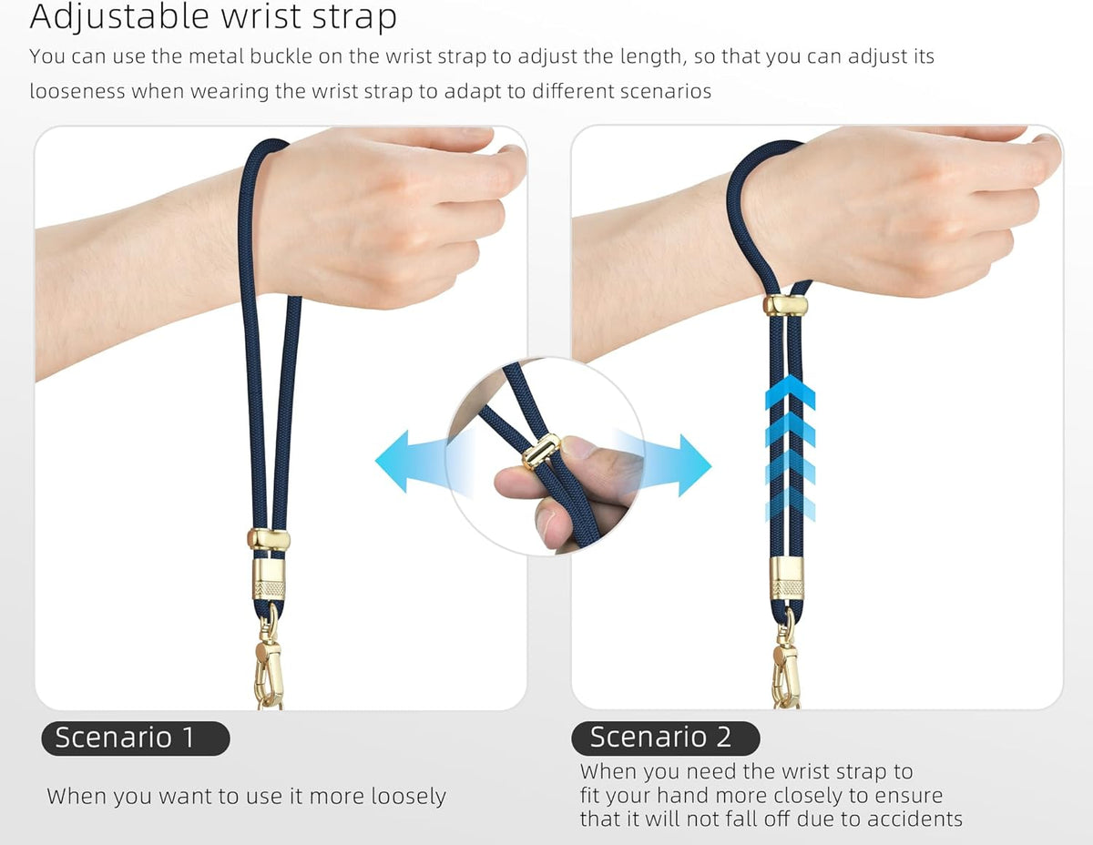 Cell Phone Lanyard Adjustable Crossbody Phone Lanyard *1 Phone Wrist Strap *1 with Deluxe Gold Matal Buckle + Clear Tether Tabs *2 for Shopping Travelling Hiking(Dark Blue)