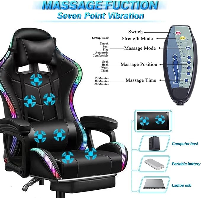 Gaming Chair with Speakers and RGB Lights Video Game Chairs Ergonomic Pro Office Chair with Full Massage Lumbar Support 90°-135° Backrest Adjustable Computer Chairs with FootrestPink