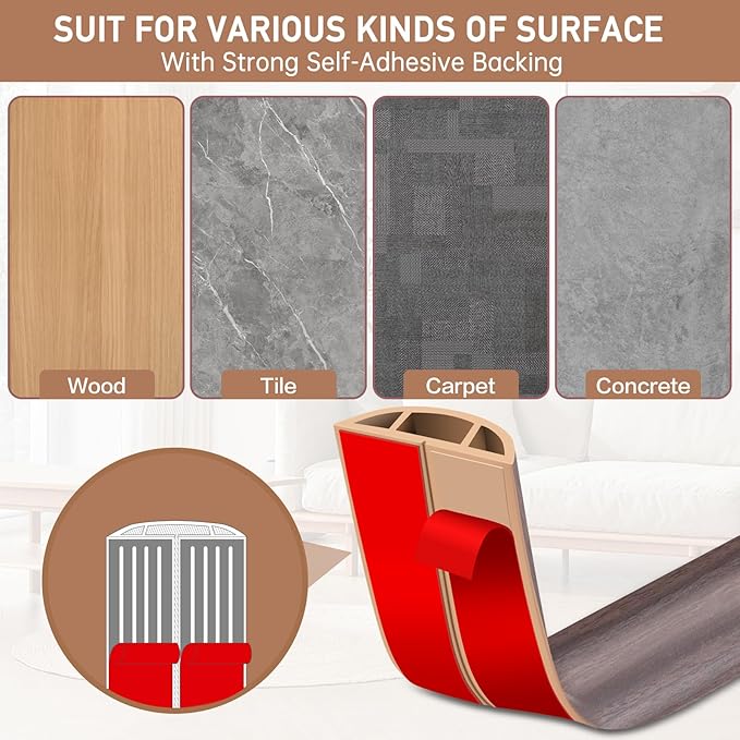 Floor Cord Cover Self Adhesive Cord Hider Floor Extension Cord Covers for Floor Power Cord Protector Cable Management Prevent Cable Trips Cable Cavity 0.47" W x 0.27" H (Brown Walnut Wood, 3.3Ft)