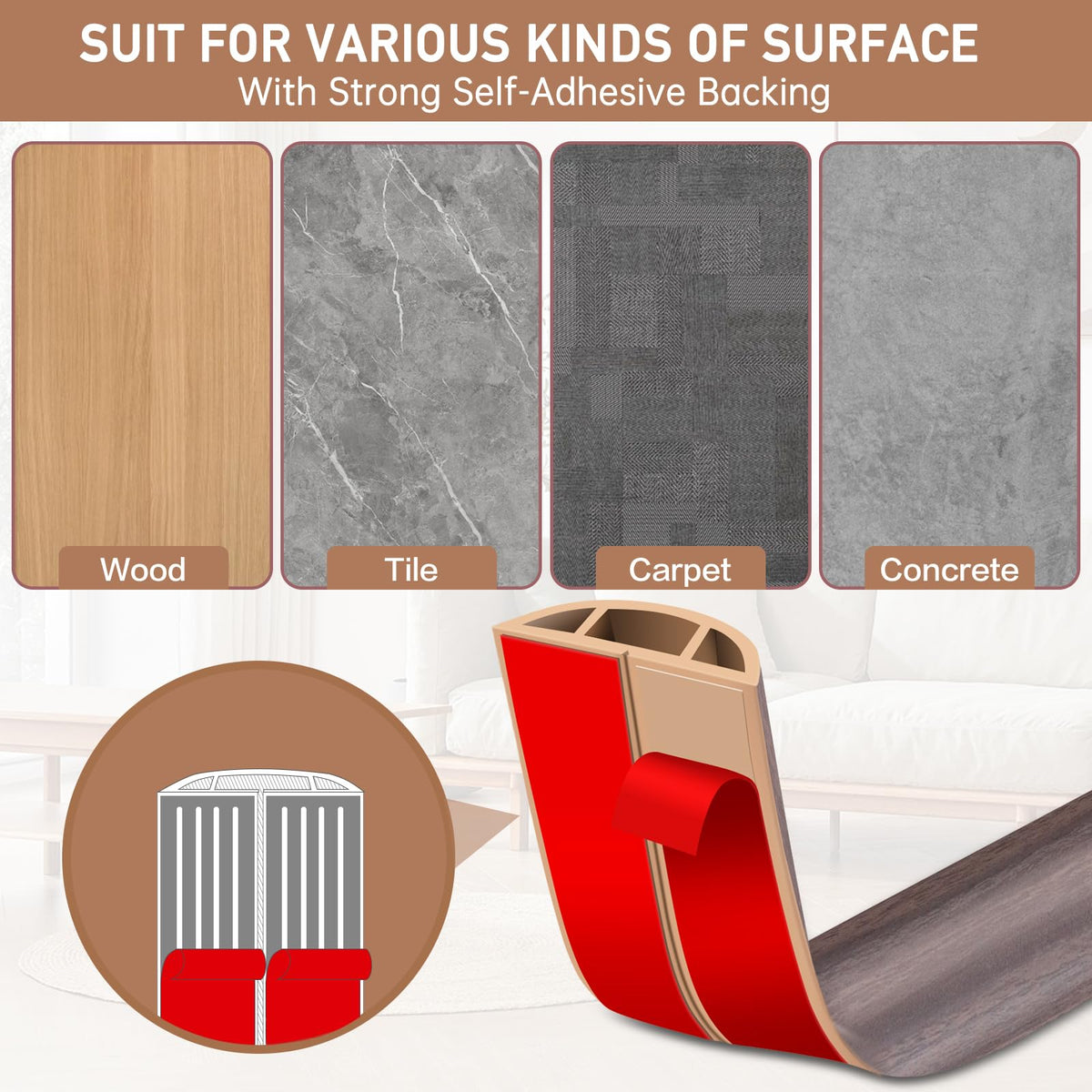 Floor Cord Cover Self Adhesive Cord Hider Floor Extension Cord Covers for Floor Power Cord Protector Cable Management Prevent Cable Trips Cable Cavity 0.47" W x 0.27" H (Brown Walnut Wood, 10Ft)
