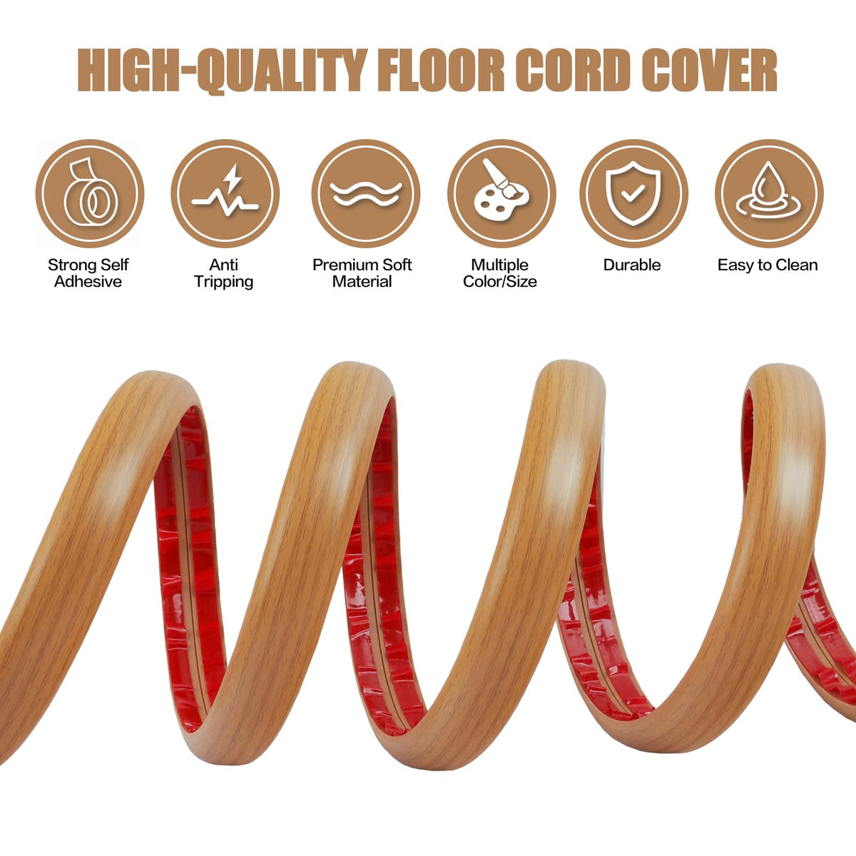 Floor Cord Cover Self Adhesive Cord Hider,20FT Cable Management, Extension Strip Protector for Wires, Prevent Cable Trips for Offices, Gyms, Exhibitions Cavity:0.51"(W) x 0.3"(H) Brown Wood