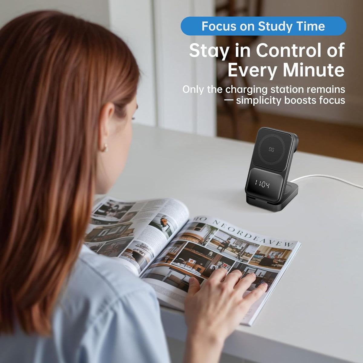 GUSGU MagTime 3 in 1 Wireless Charging Station with Real-Time Power and Time Display, Foldable Wireless Charger Stand, Compatible with iPhone 16/15/14/13/12, iWatch S1-10/Ultra, AirPods-Black