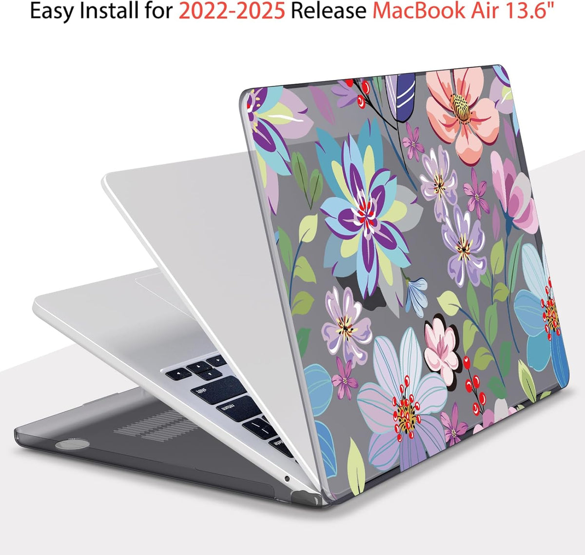 Teryeefi for MacBook Air 13.6 inch Case M4 M3 M2 2024-2022 Release Model A3240 A3113 A2681, Protective Plastic Hard Shell Cover for MacBook Air M2 M3 M4 13 inch, Pretty Flowers Black-104
