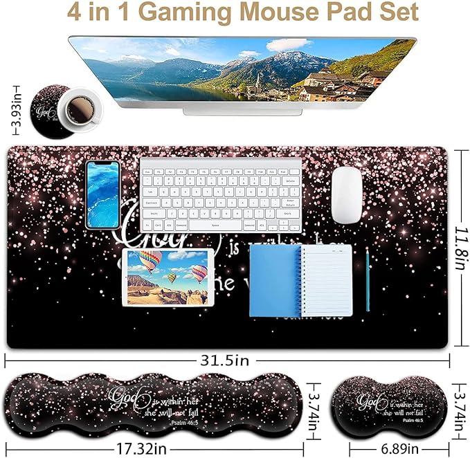 Large Mouse Pad with Wrist Support SetMemory Foam Keyboard Wrist Rest+Extended Gaming Mouse Pad+Ergonomic Mouse Wrist Rest Laptop Desk Writing Mat Psalm 46:5 Rose Gold Glitter Black Office Desk Pad