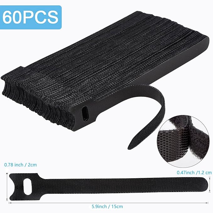 Nettbe 60 PCS 6 Inches Reusable Cable Ties, Adjustable Cord Straps Wire Organizer Cord Wrap and Hook Loop Cable Management