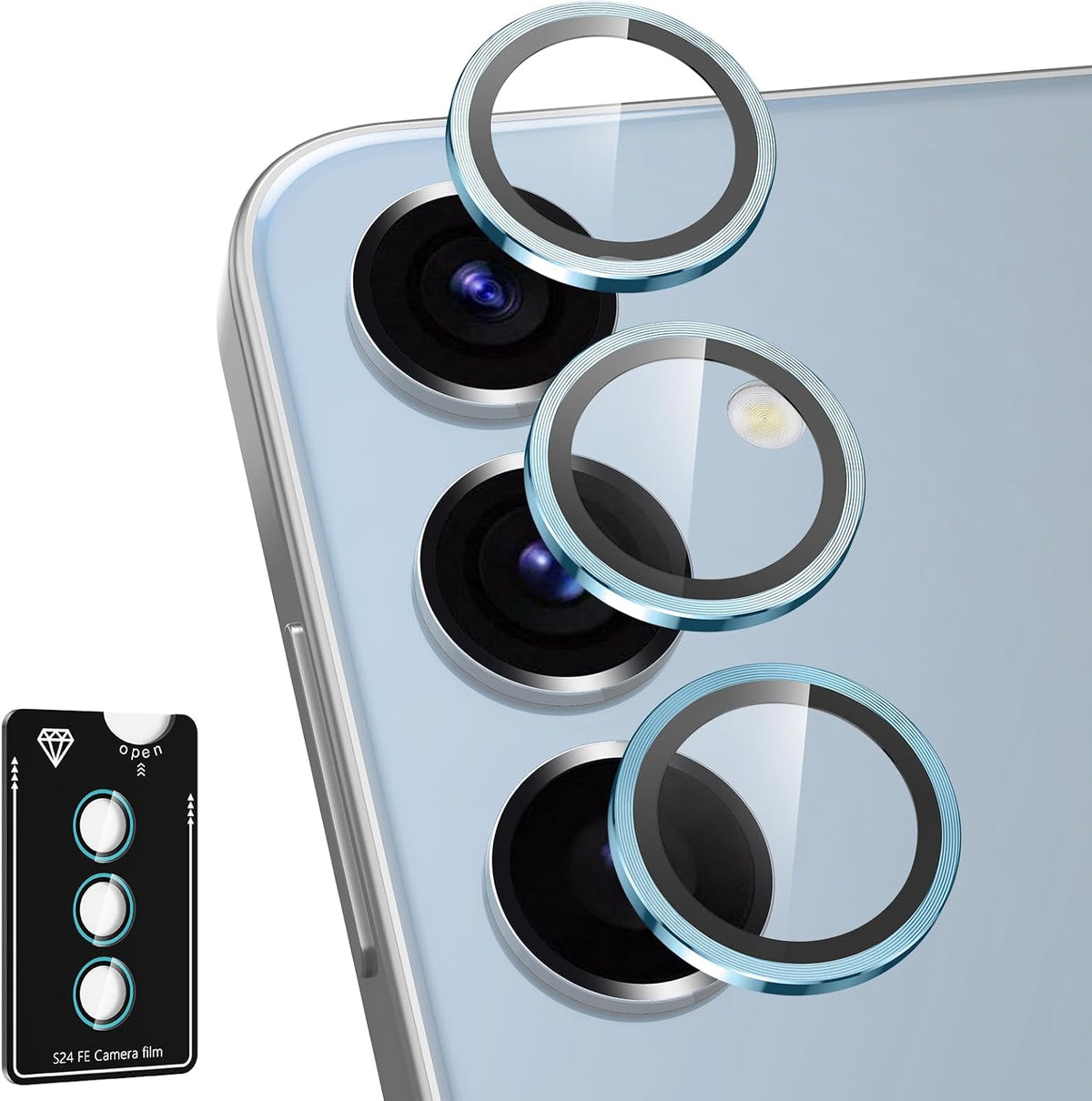 for Samsung Galaxy S24 FE Camera Lens Protector, Individual Metal Ring Tempered Glass Lens Cover, [Strong Adsorption] Scratch Resistant Ultra-Thin HD Clear Lens Cover, 1 Set-Blue