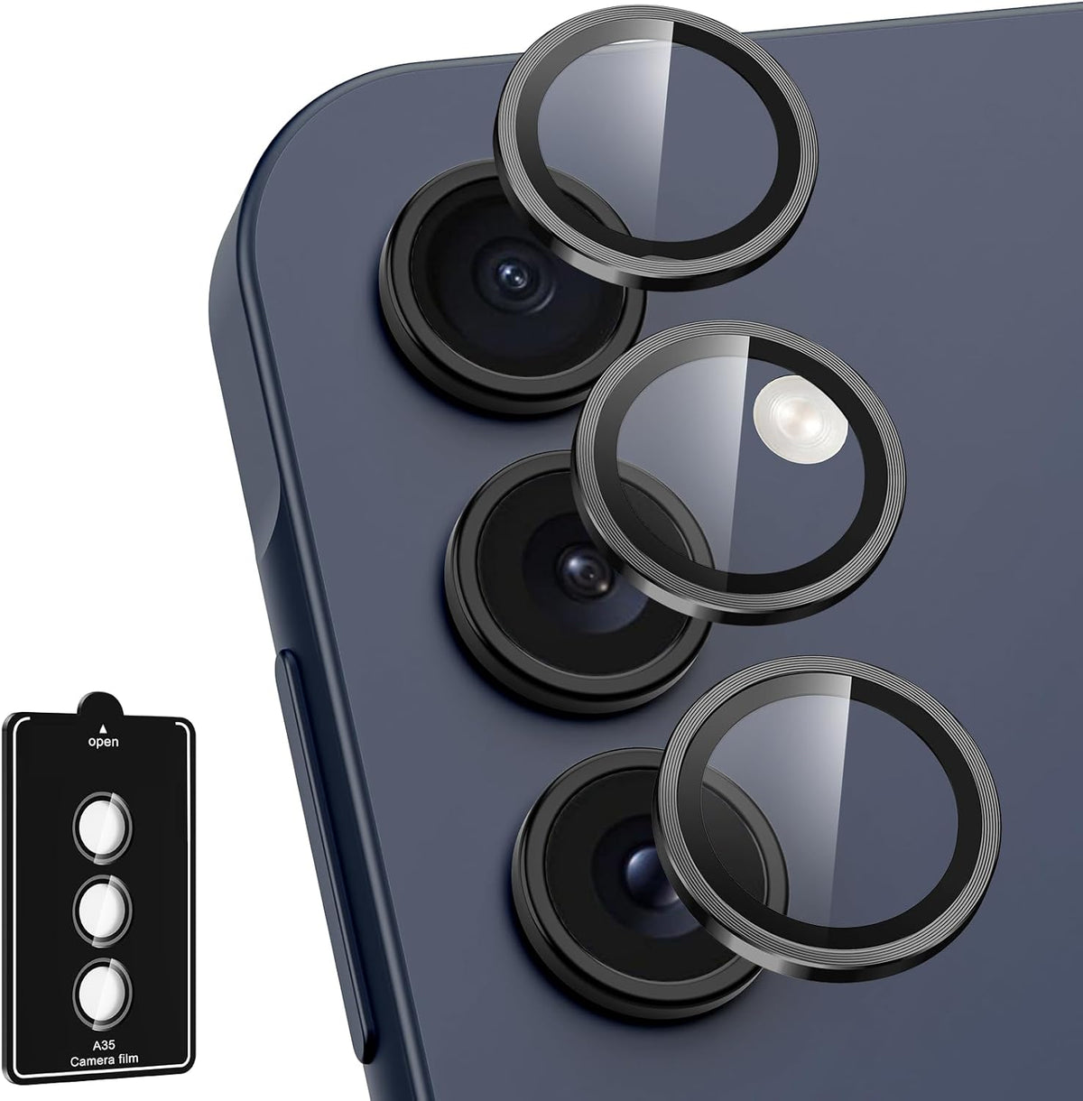 for Samsung Galaxy A35 5G Camera Lens Protector, Individual Metal Ring Tempered Glass Lens Cover, [Strong Adsorption] Scratch Resistant Ultra-Thin HD Clear Lens Cover, 1 Set-Black