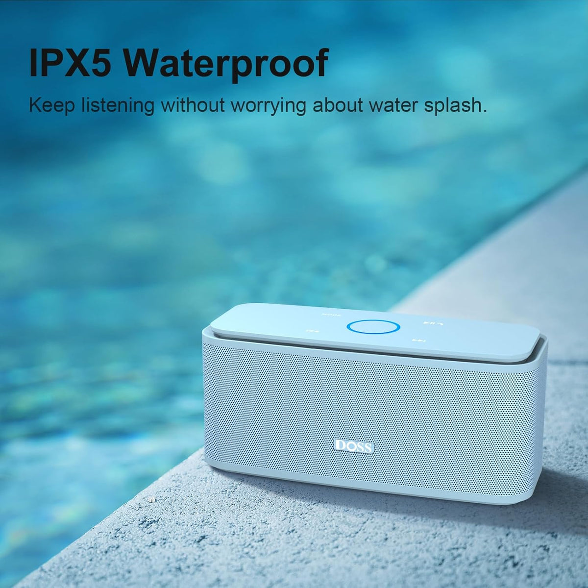 DOSS SoundBox Touch Wireless Bluetooth Speaker with 12W HD Sound and Bass, IPX5 Water-Resistant, 20H Playtime, Handsfree, Portable for Office, Home, Outdoor, Travel- Light Blue